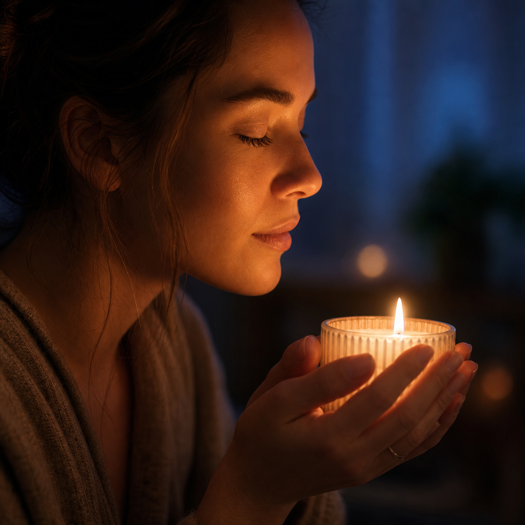 Person inhaling the scent of a lit candle in a calm evening moment