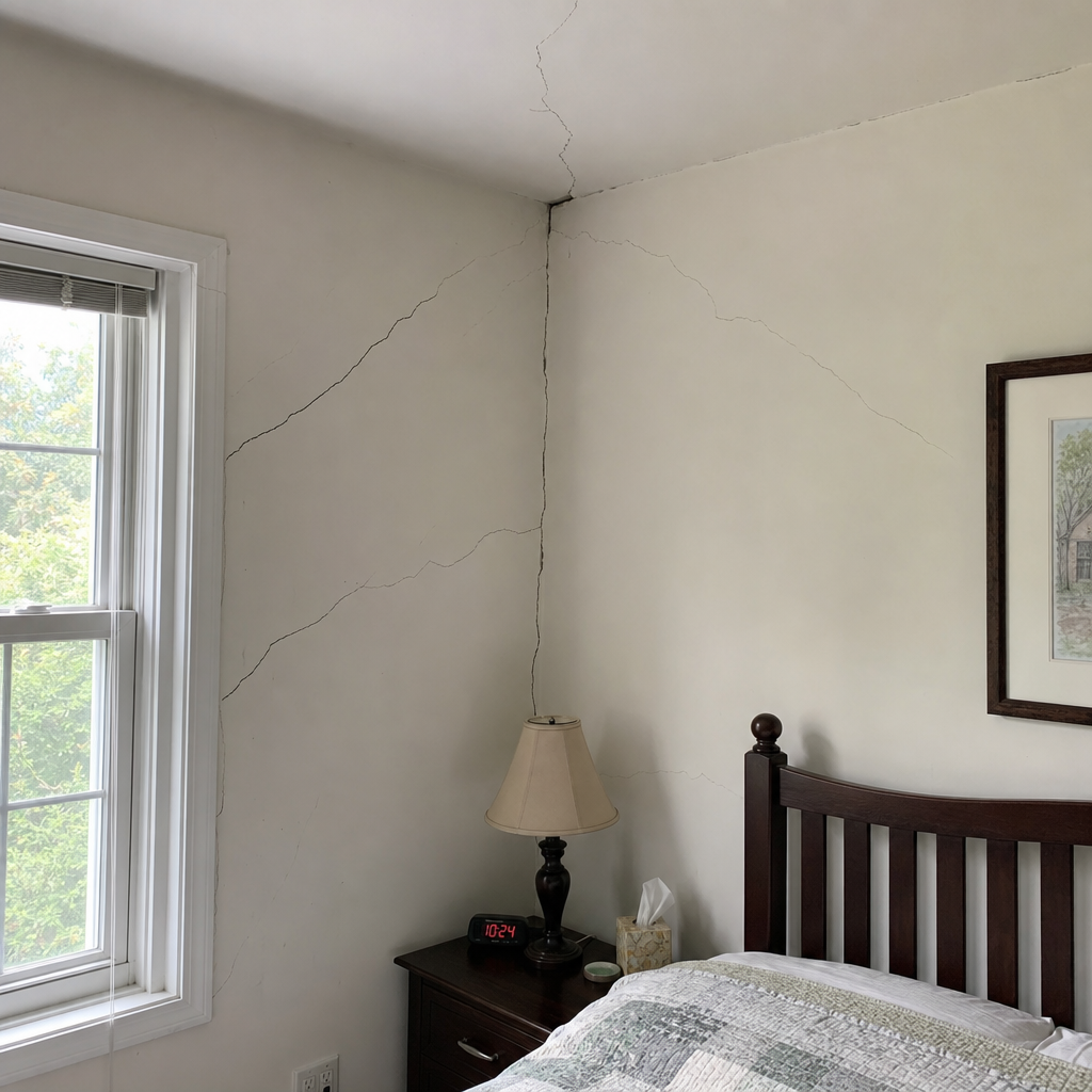 Fissures structurelles visibles sur un mur intérieur blanc près d'un angle