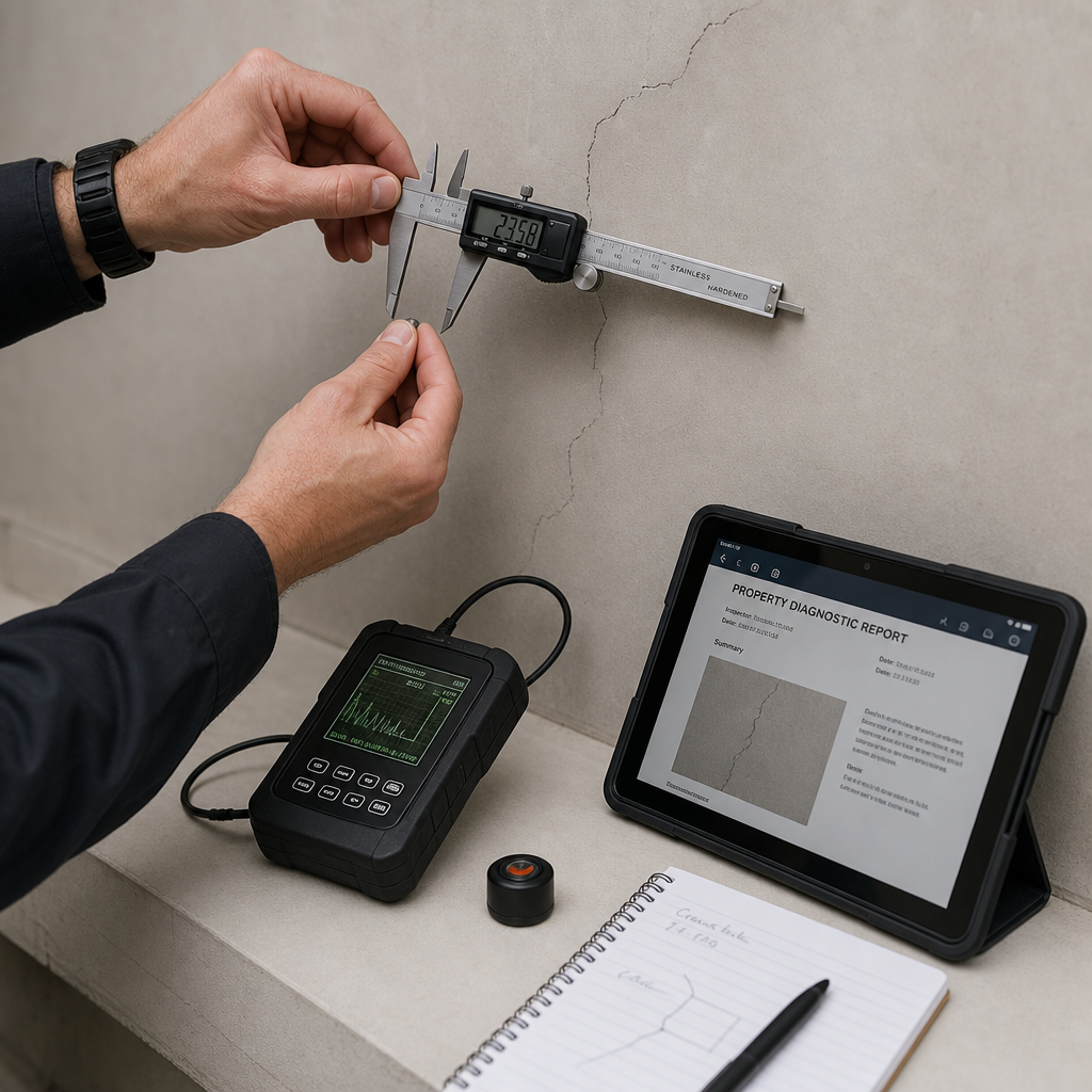 Expert en bâtiment effectuant une évaluation technique des fissures murales