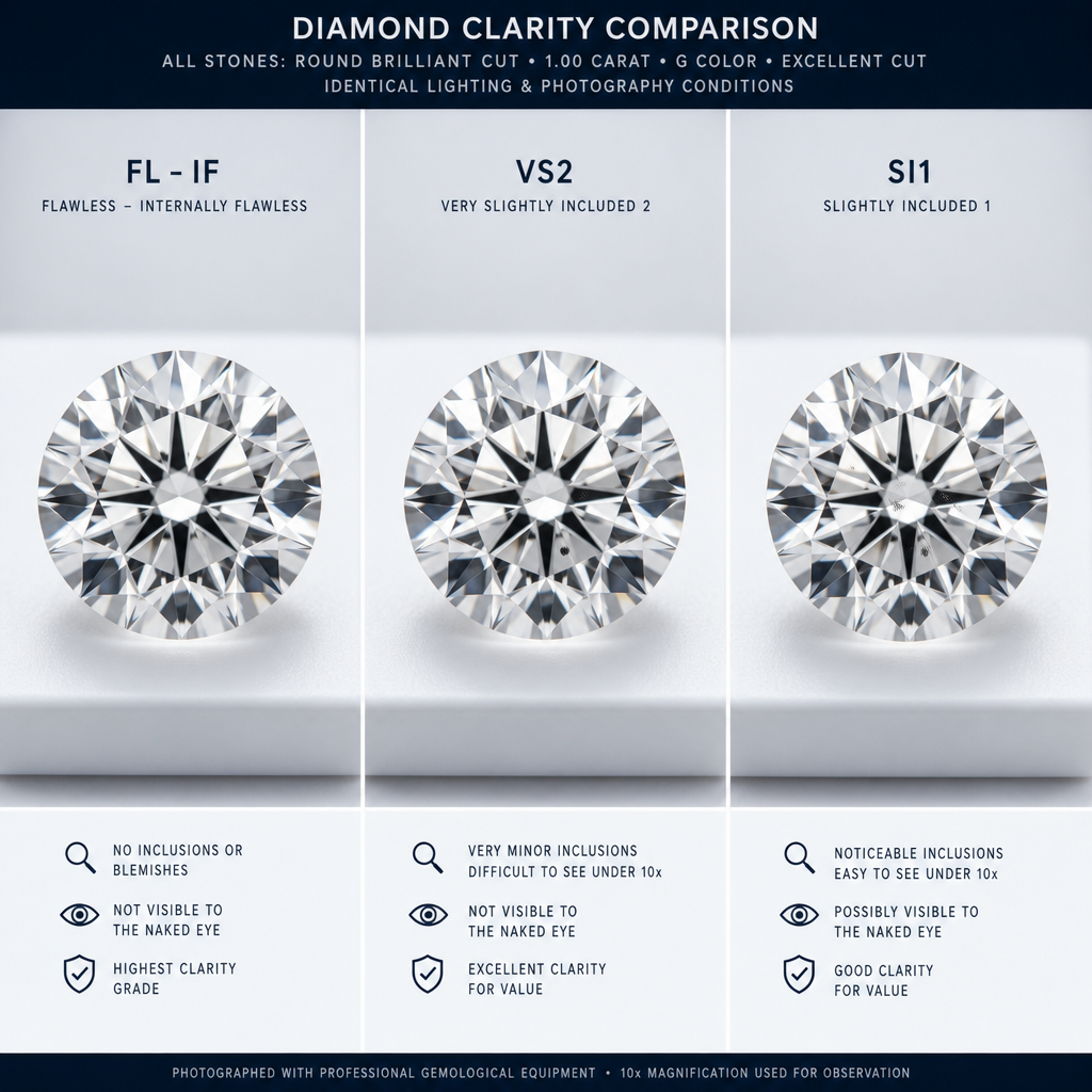 Three lab diamonds displayed under gemological lighting for clarity comparison