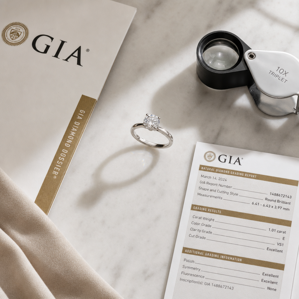Solitaire engagement ring with jeweler's loupe and clarity grading documentation