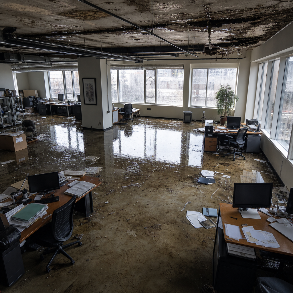Commercial office space affected by water damage with pooling water and ceiling stains