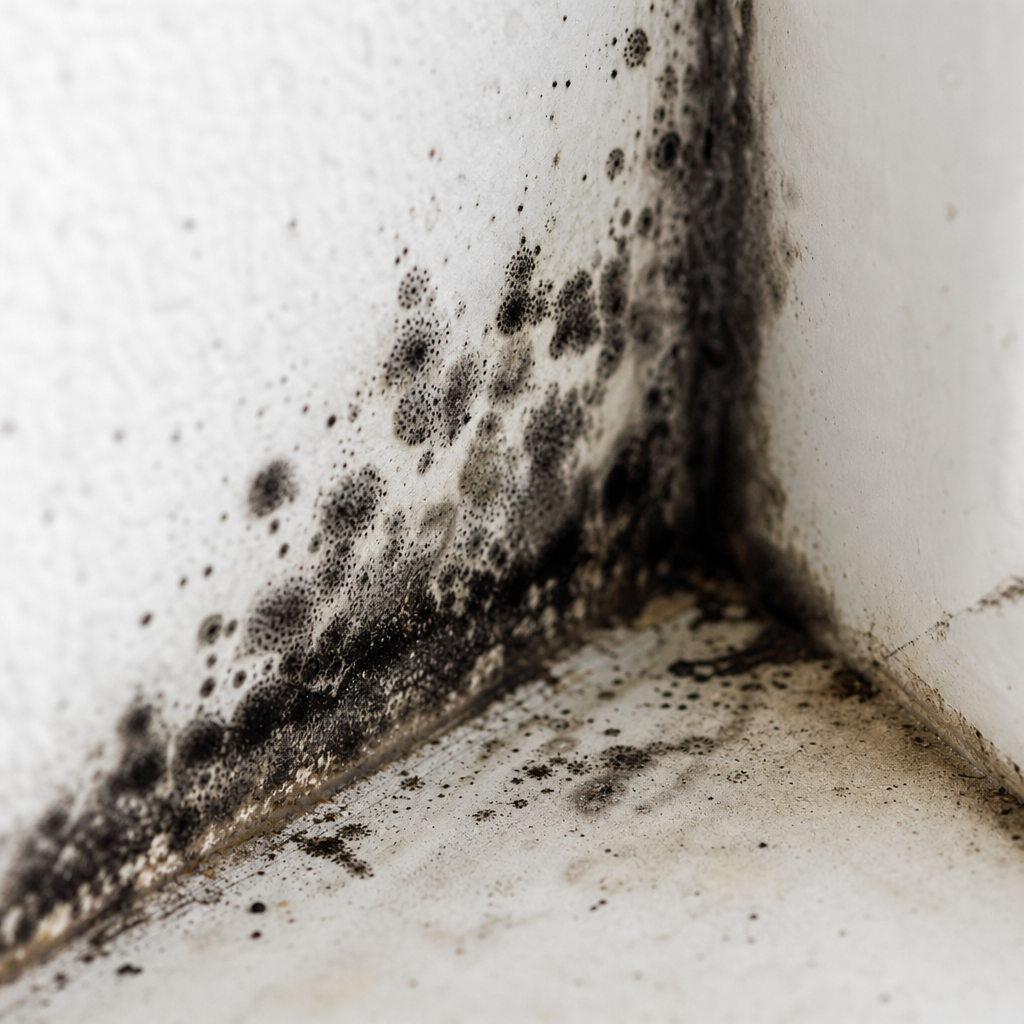 Microscopic view of mould colonies growing on interior wall surfaces