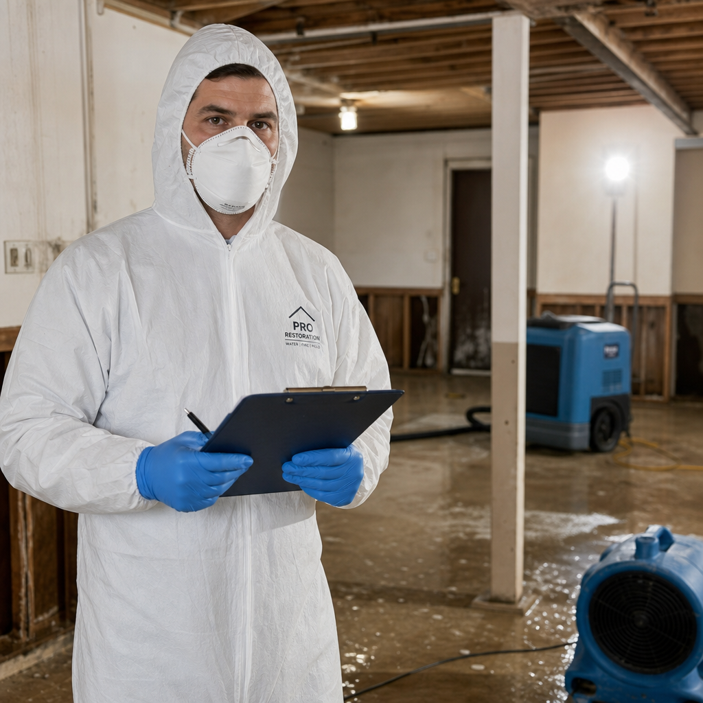Professional in protective equipment documenting flood damage in a commercial property