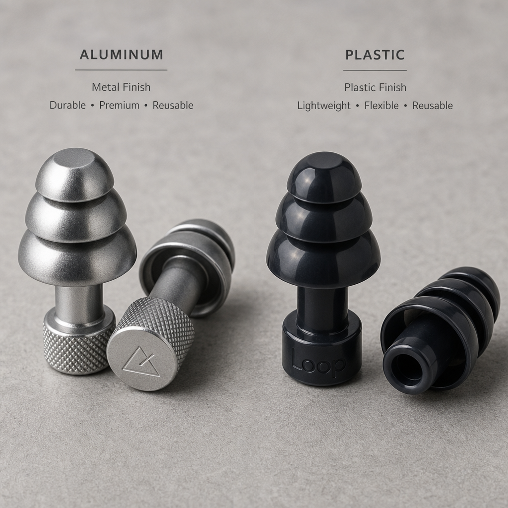 Two reusable ear plugs displayed side by side showing different material finishes