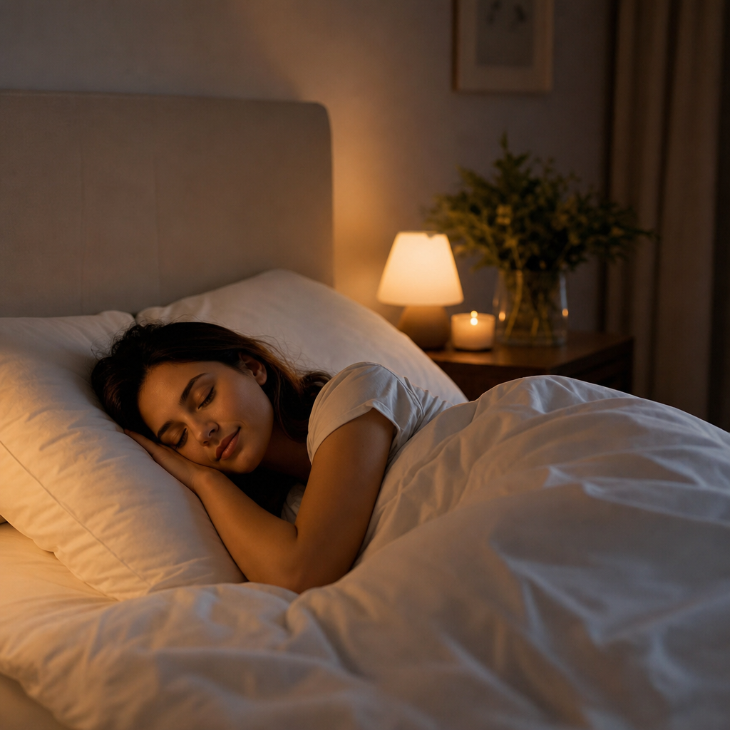 Person sleeping peacefully in a dimly lit bedroom