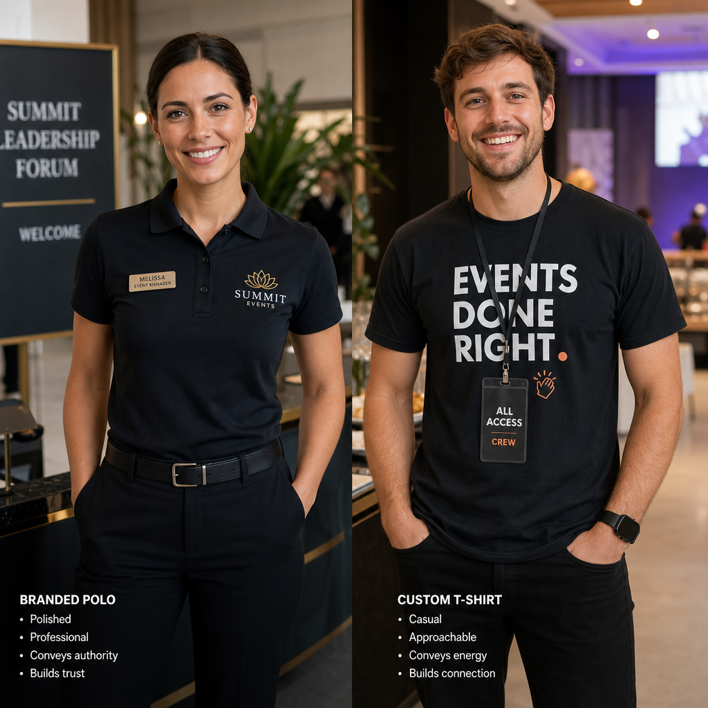 Professional comparison of polo shirt versus t-shirt on service workers in hospitality setting