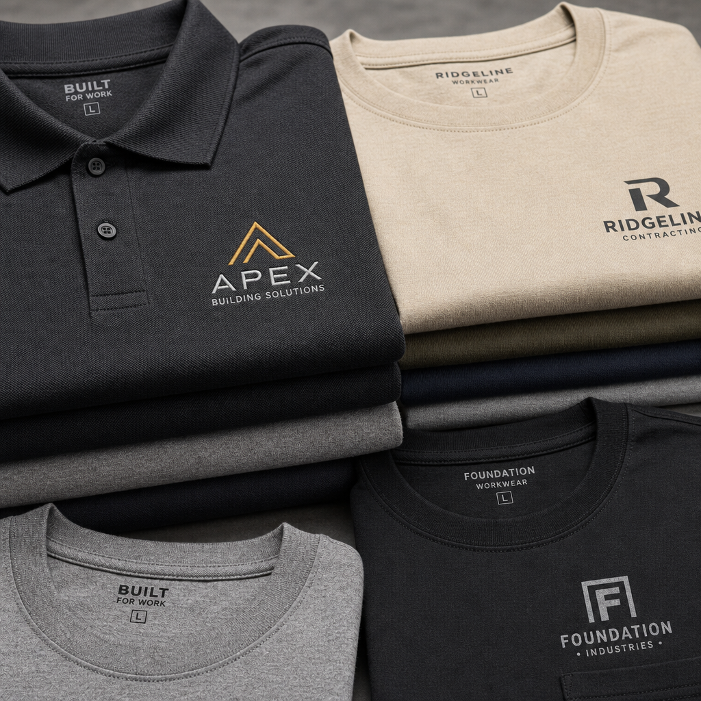 Detailed close-up of folded branded polo shirts and t-shirts showing fabric quality and print finish