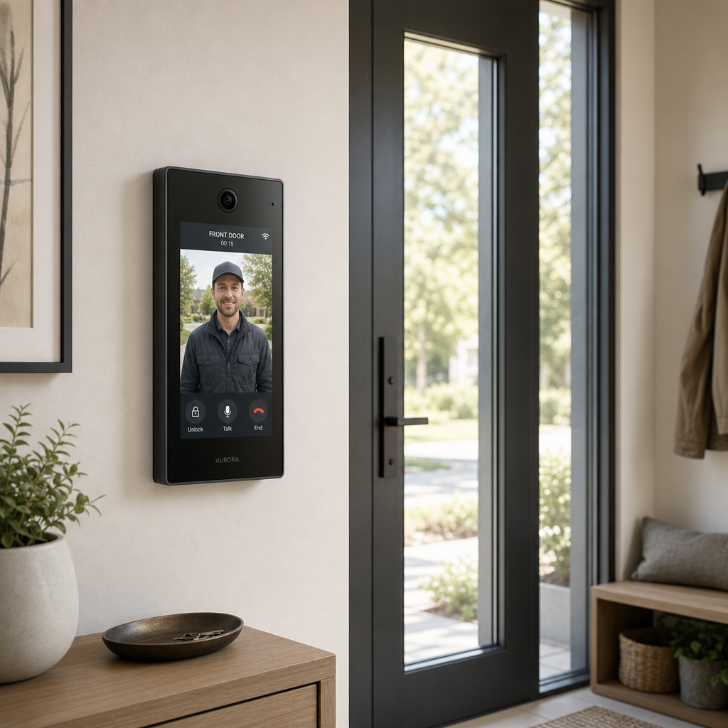 Modern intercom panel installed beside a residential front door with visitor displayed on screen