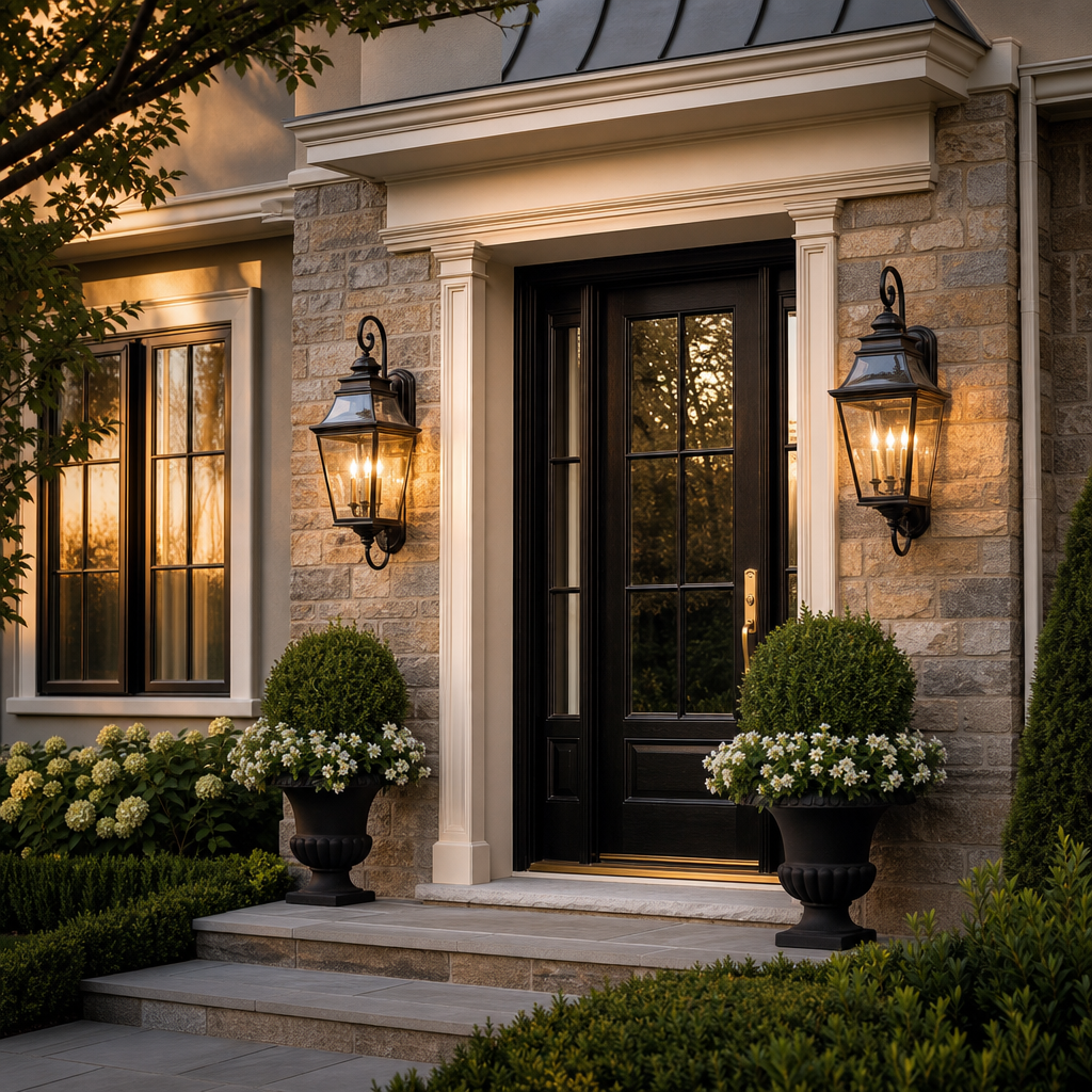 Pair of clean coach lights framing a front door entrance, creating warm curb appeal