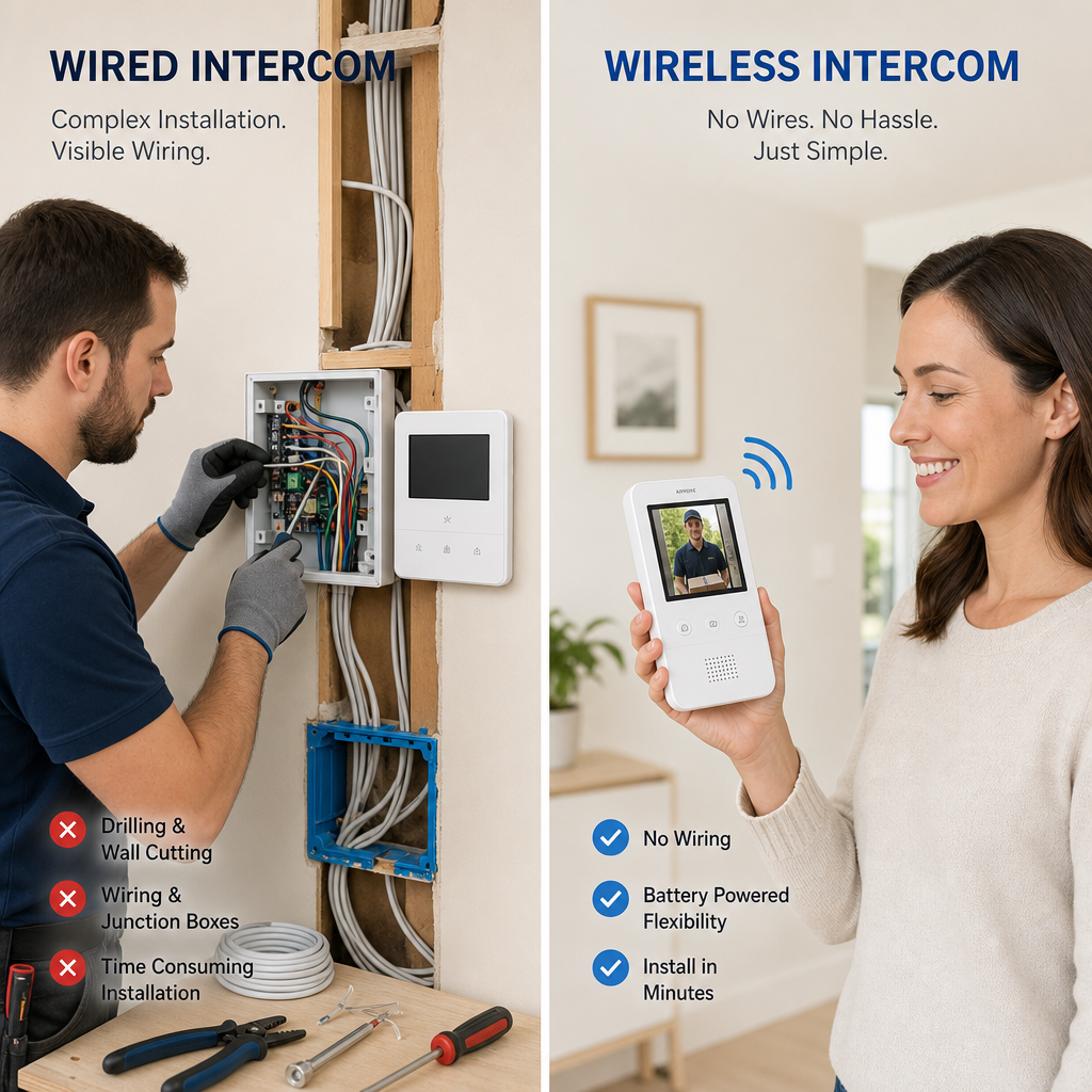 Side-by-side comparison of wired intercom installation with cables versus wireless intercom device without wiring
