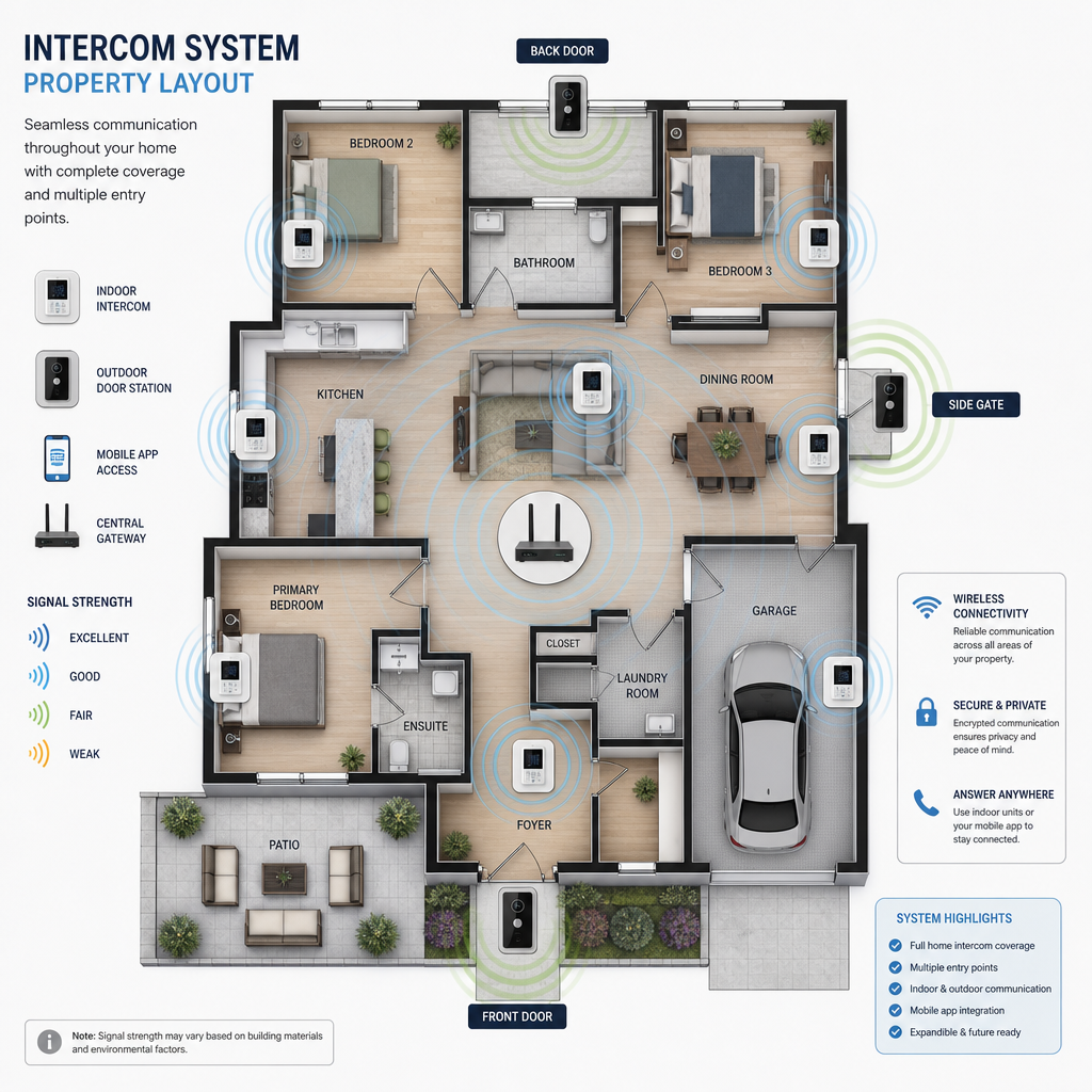 Property floor plan showing intercom system distribution points and wireless signal coverage across a home