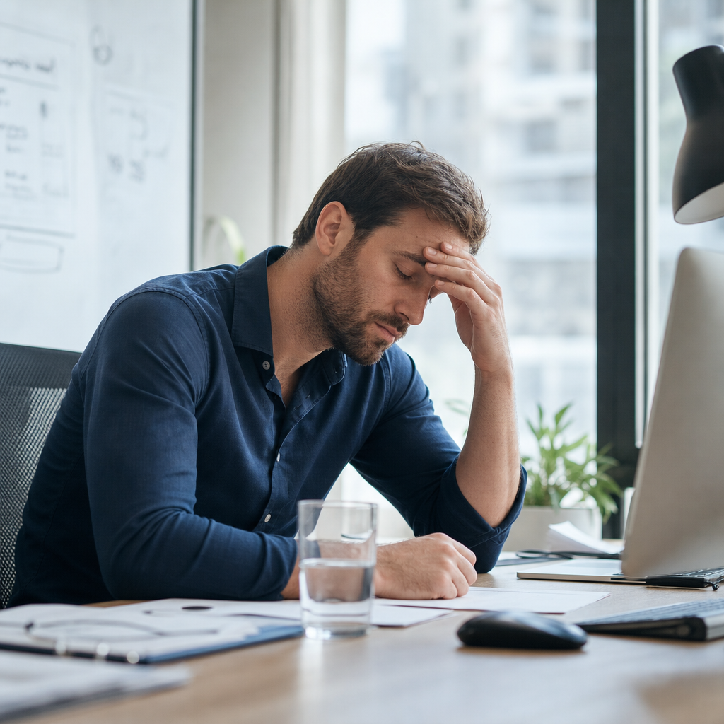 Office worker experiencing afternoon mental fatigue at desk with untouched water glass