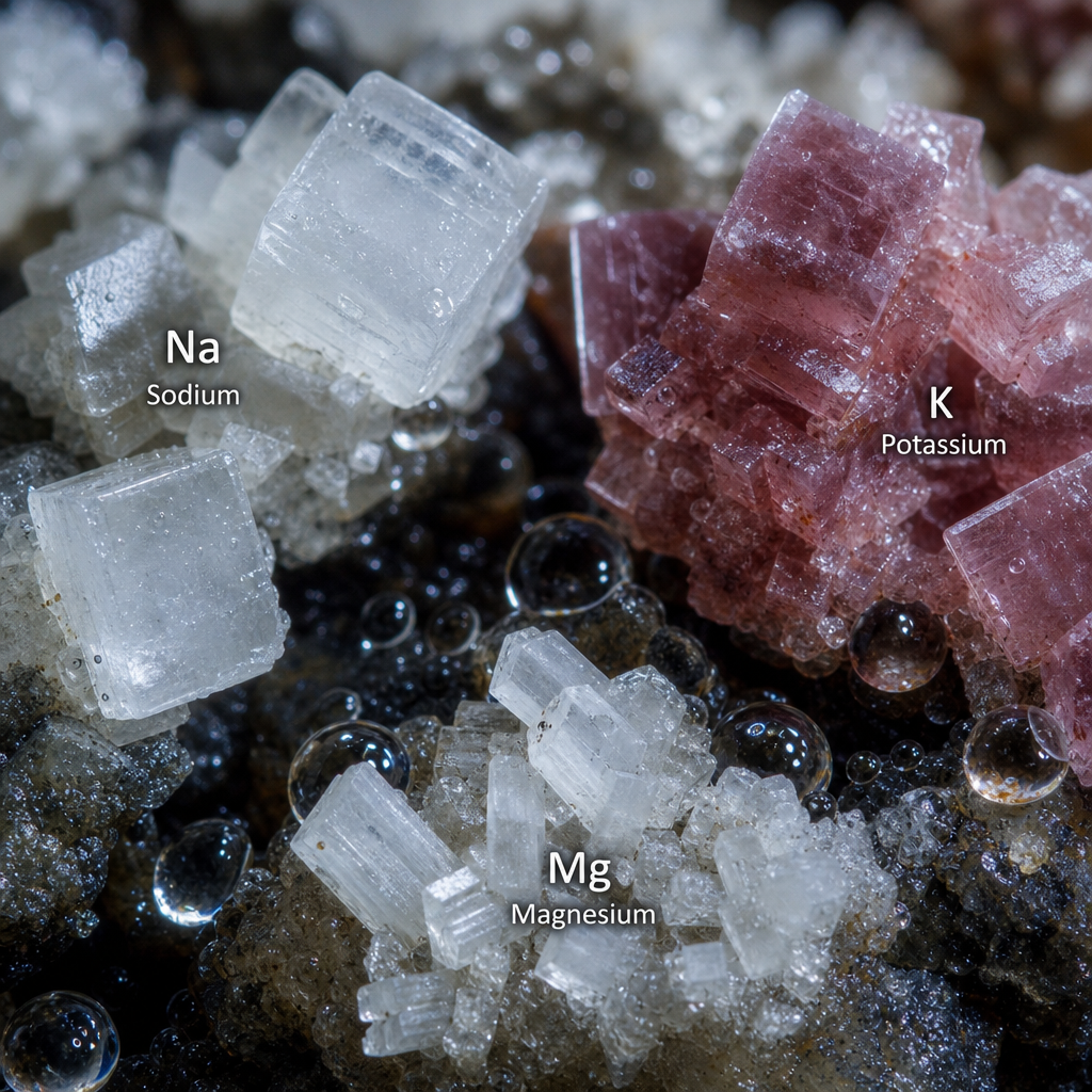 Macro view of mineral electrolyte crystals and water droplets