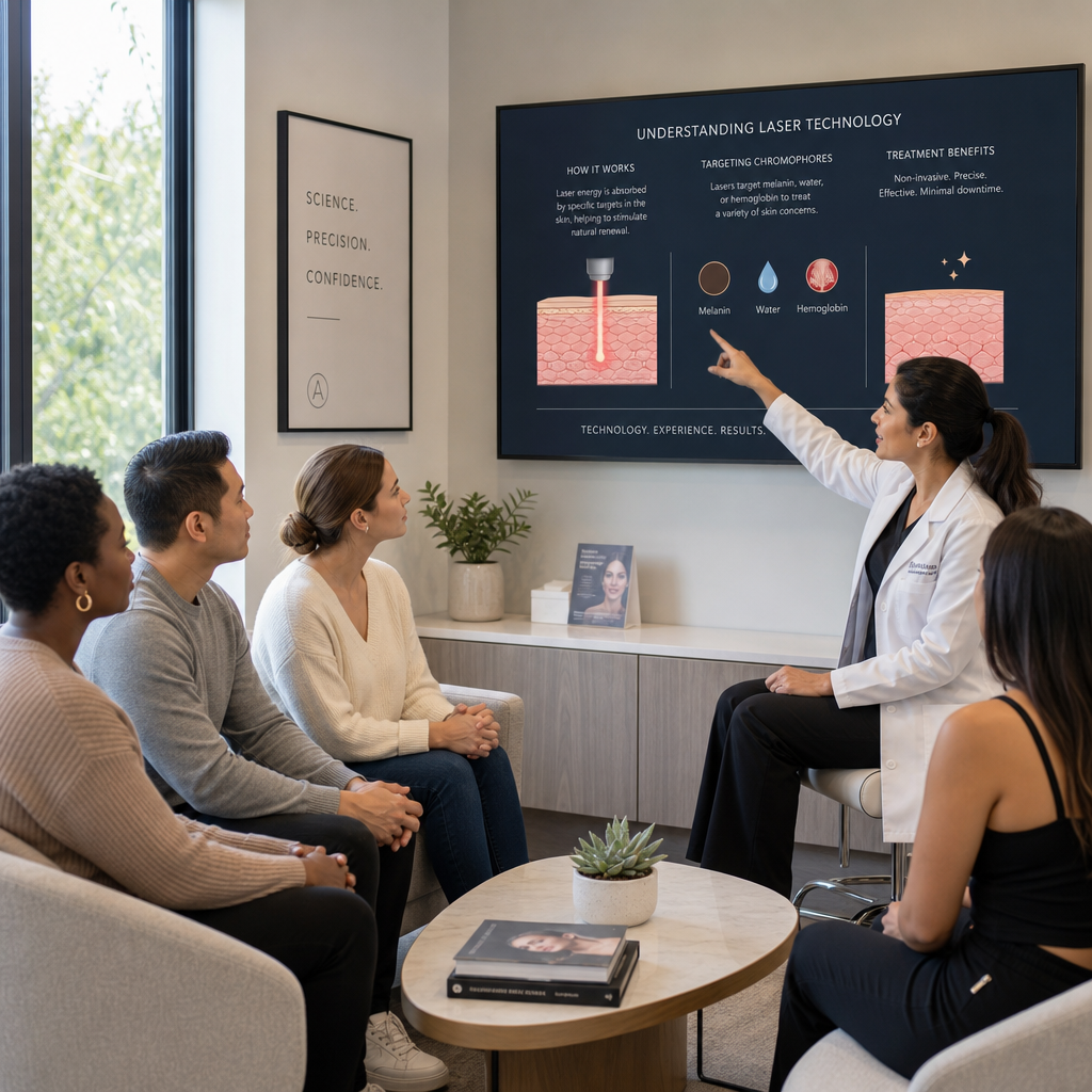 Diverse patients consulting with a healthcare provider about laser hair removal treatment options in a modern medical clinic setting.