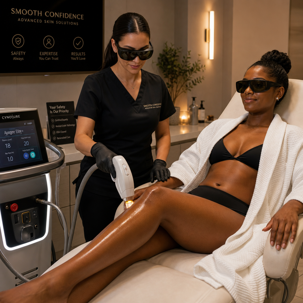 Person undergoing laser hair removal treatment with advanced equipment in a professional medispa setting.