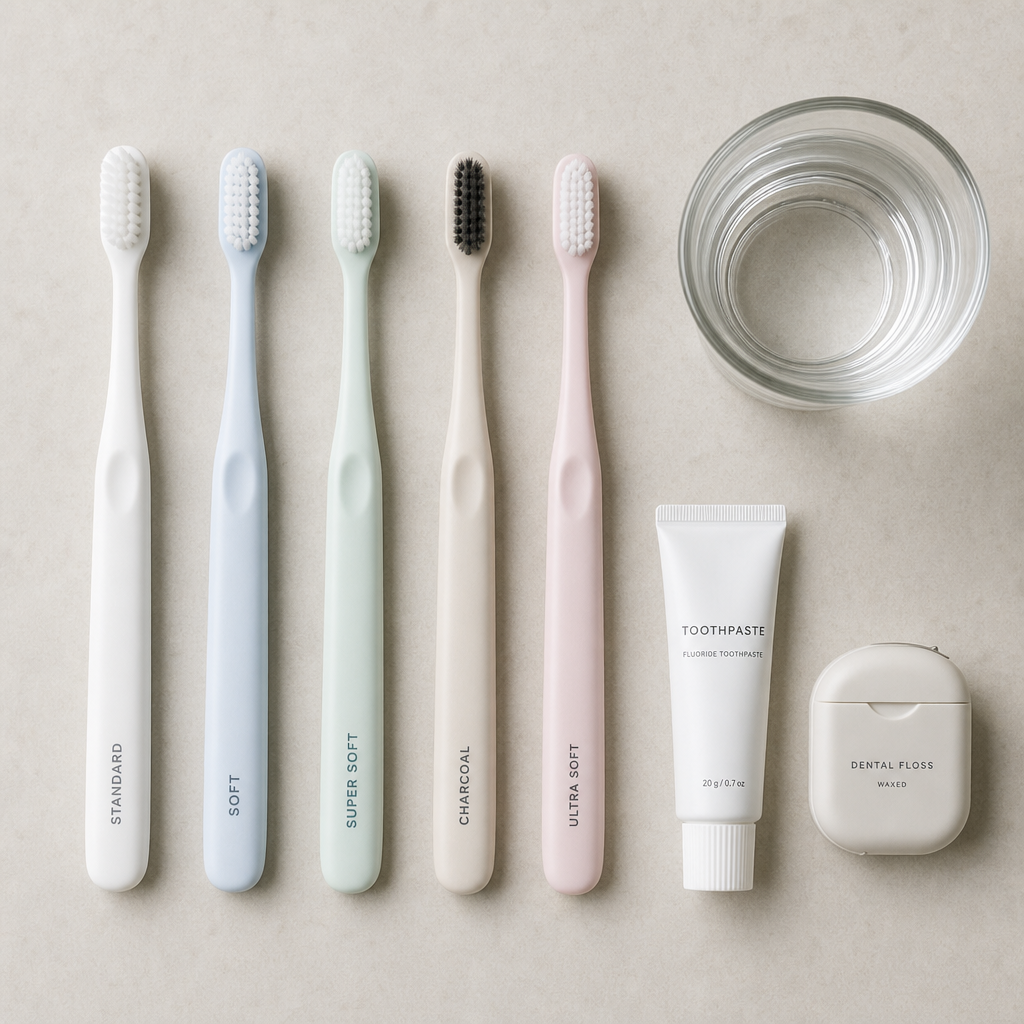 Flat lay arrangement of different toothbrush softness options with dental care items
