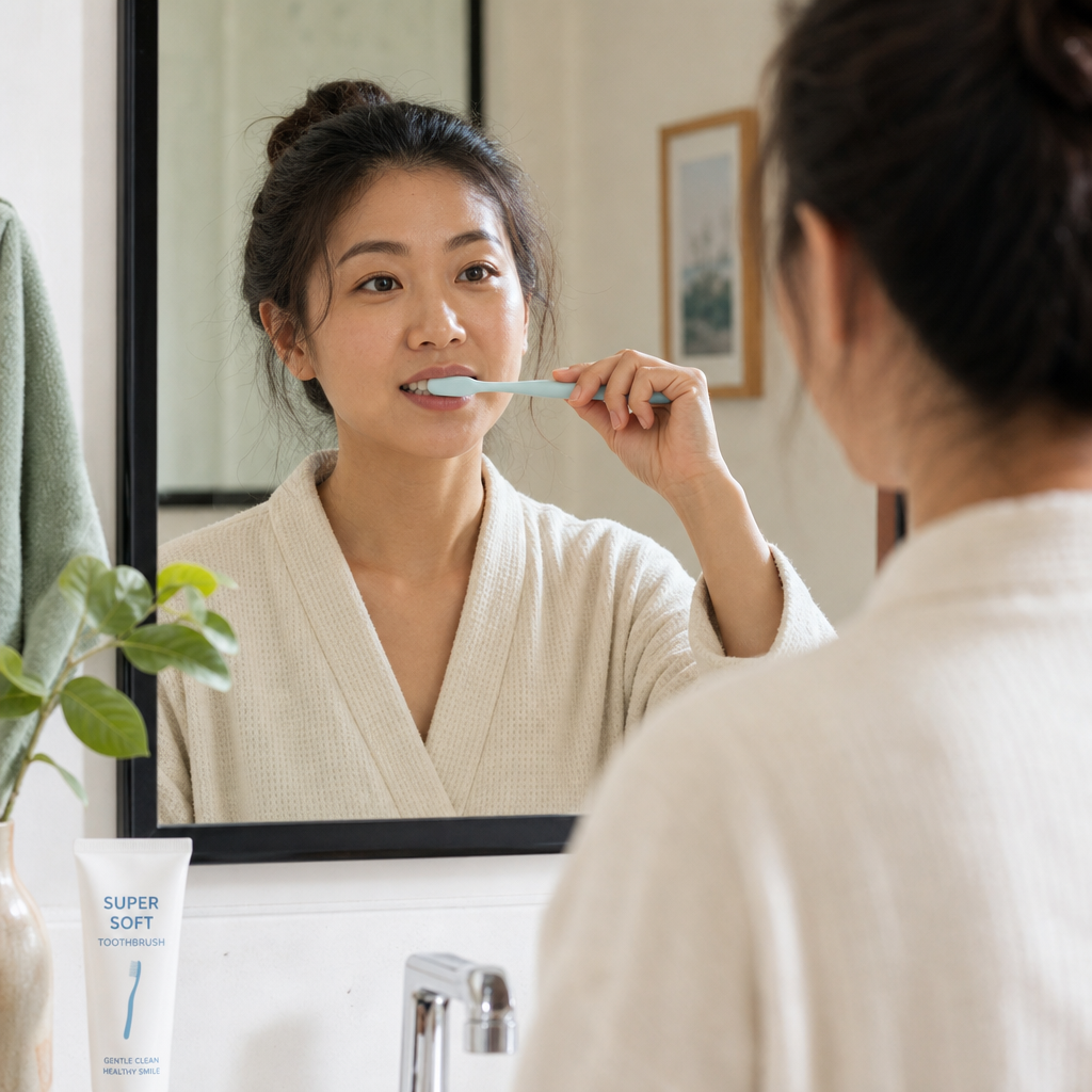 Person demonstrating gentle brushing technique with a soft toothbrush in bathroom setting