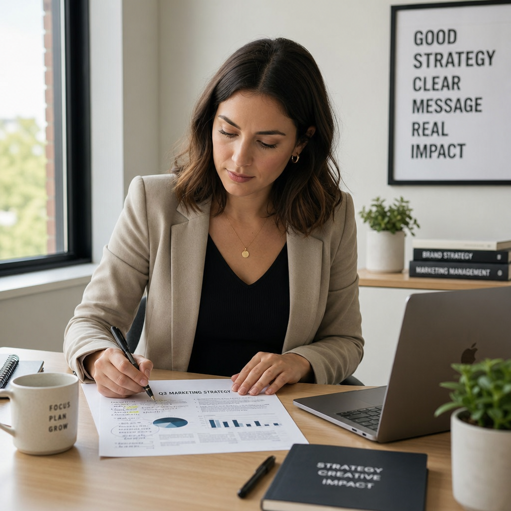 Marketing professional reviewing a creative brief document at a desk