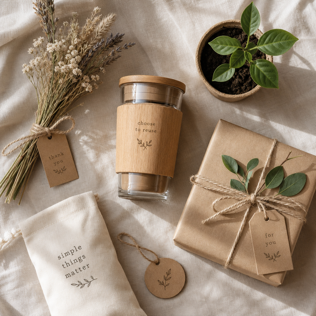 Biodegradable gift options including wooden sleeve, kraft paper wrapping, and potted plant arranged on natural linen