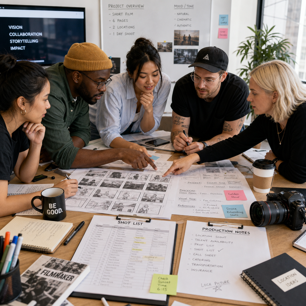 Production team collaborating on creative brief materials during a meeting