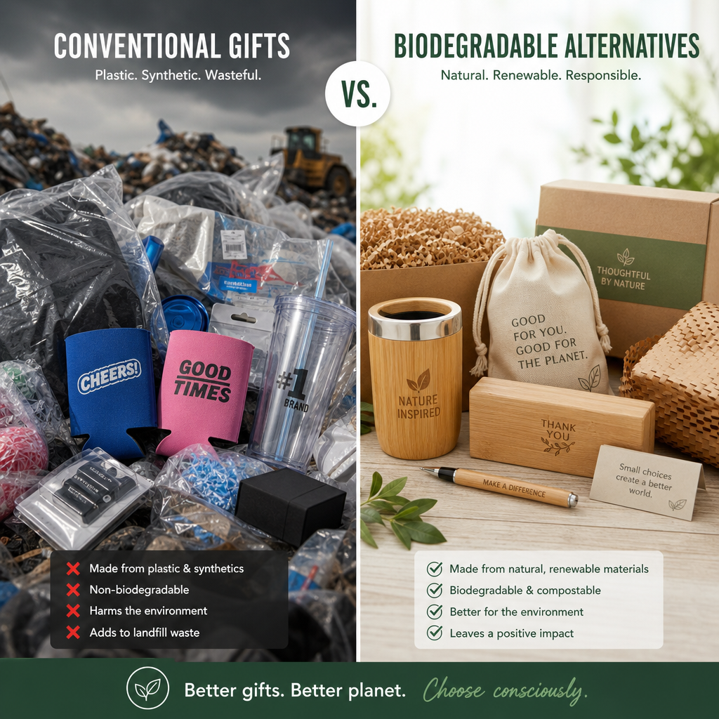 Contrast between conventional gift waste and eco-friendly biodegradable gift alternatives