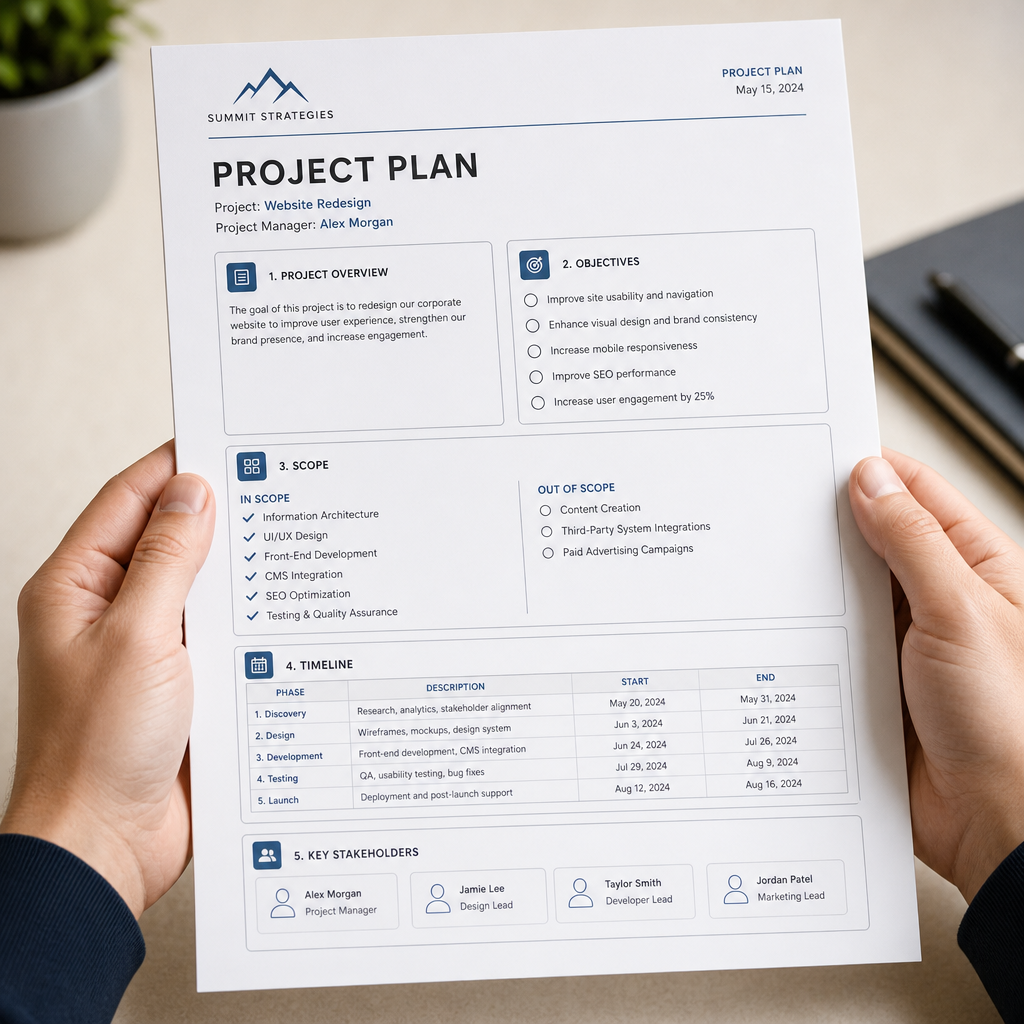 Hands holding a well-organized creative brief document showing clear structure