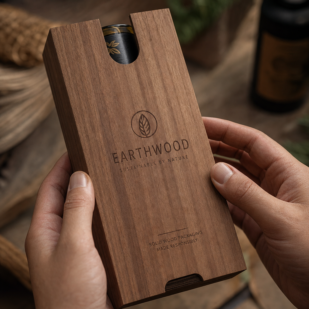 Detailed view of a wooden gift sleeve showing natural grain and craftsmanship quality