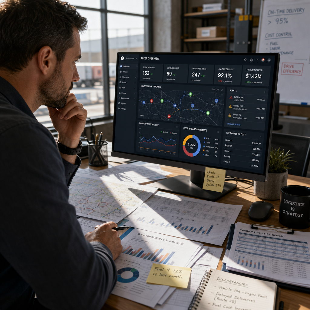 Logistics manager analyzing fleet cost data and reports at desk with computer dashboard