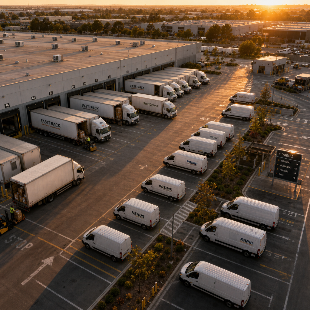 Distribution yard with multiple fleet vehicles in various operational states