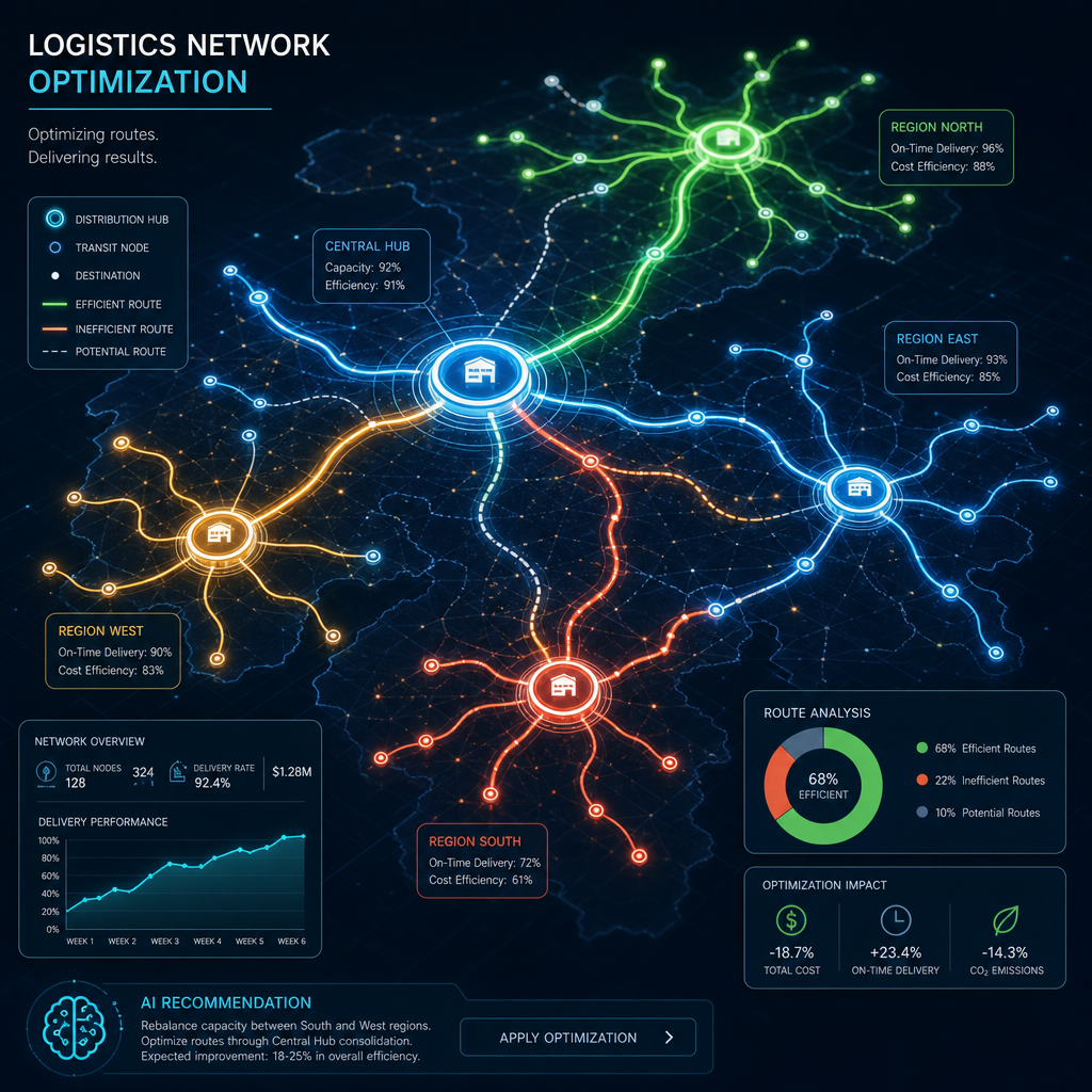 Abstract network diagram showing optimized versus non-optimized logistics routes