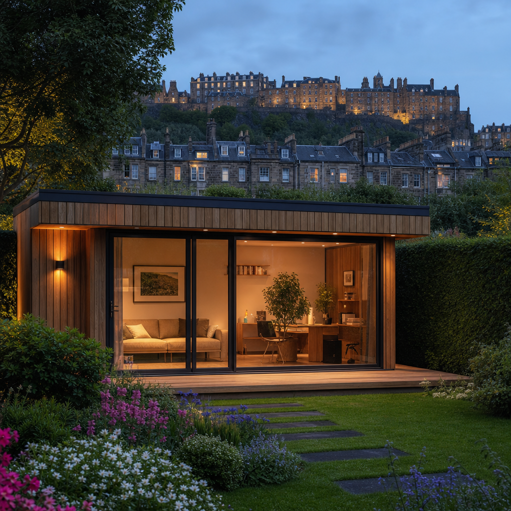 Contemporary garden room with glass doors overlooking a manicured Scottish garden