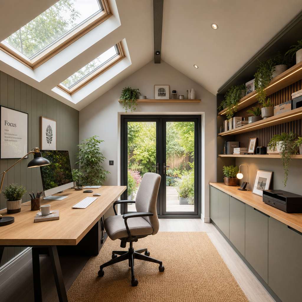 Interior view of a garden office workspace with natural light and modern furnishings