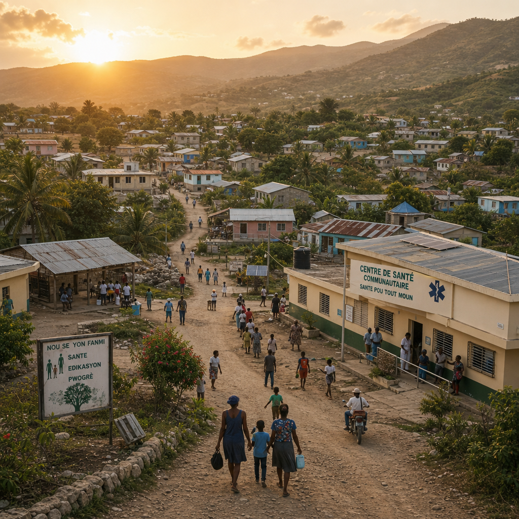 Aerial view of a rural Haitian community showing homes and healthcare facility integrated into daily community life