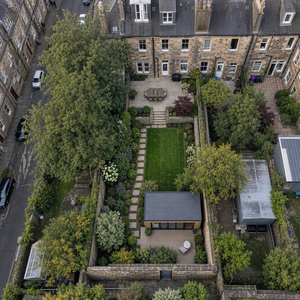 Aerial view of a garden room installation in an Edinburgh residential garden