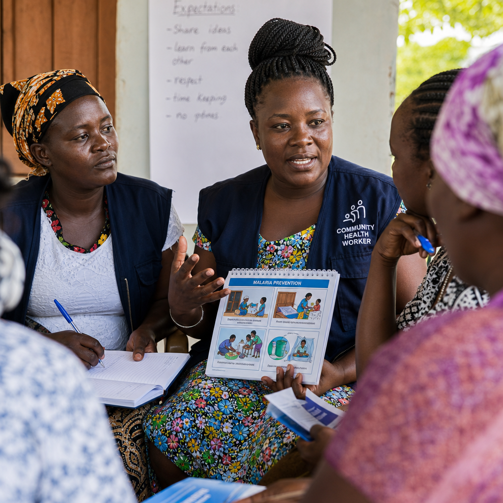 Community health workers in a training circle discussing health initiatives and sharing knowledge
