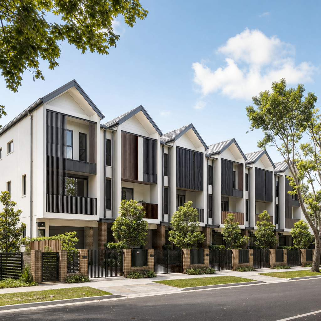 Street view of Brisbane townhouse row development showing attached dwelling units