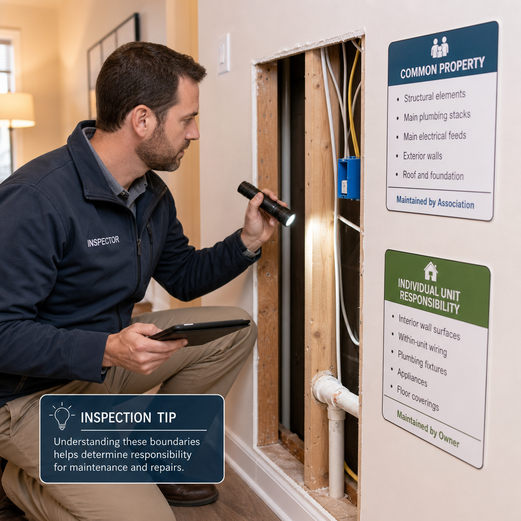 Building inspector examining shared structural elements inside a townhouse unit during inspection