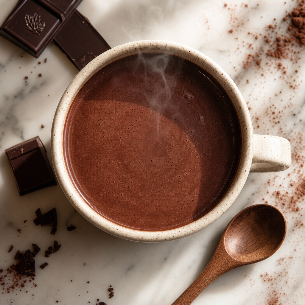 Close-up of café-quality hot chocolate in a ceramic mug with premium chocolate pieces and cocoa powder on marble surface