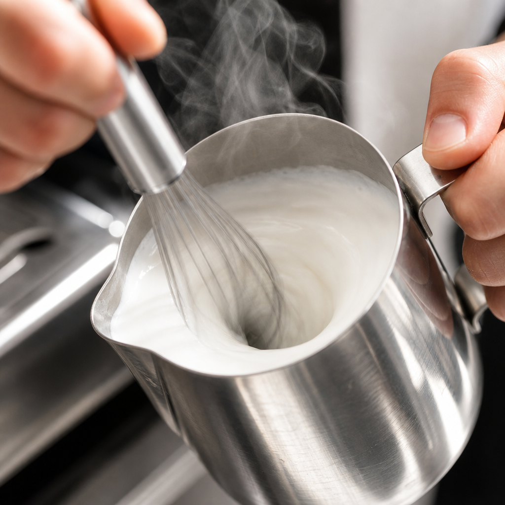 Whisk motion in pitcher with steaming milk demonstrating the two-stage whisking technique