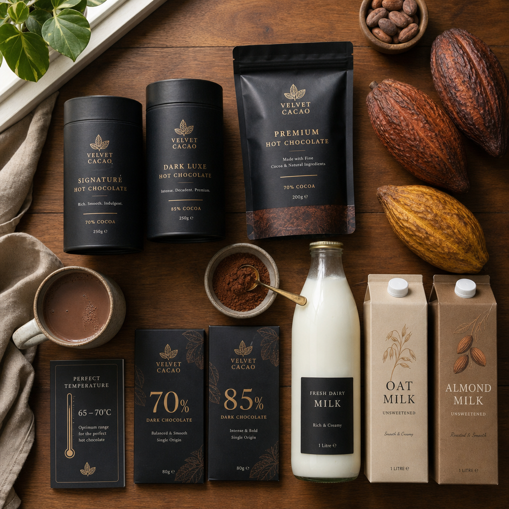 Premium hot chocolate ingredients and products including cocoa, chocolate, thermometer, and various milk options on wooden surface