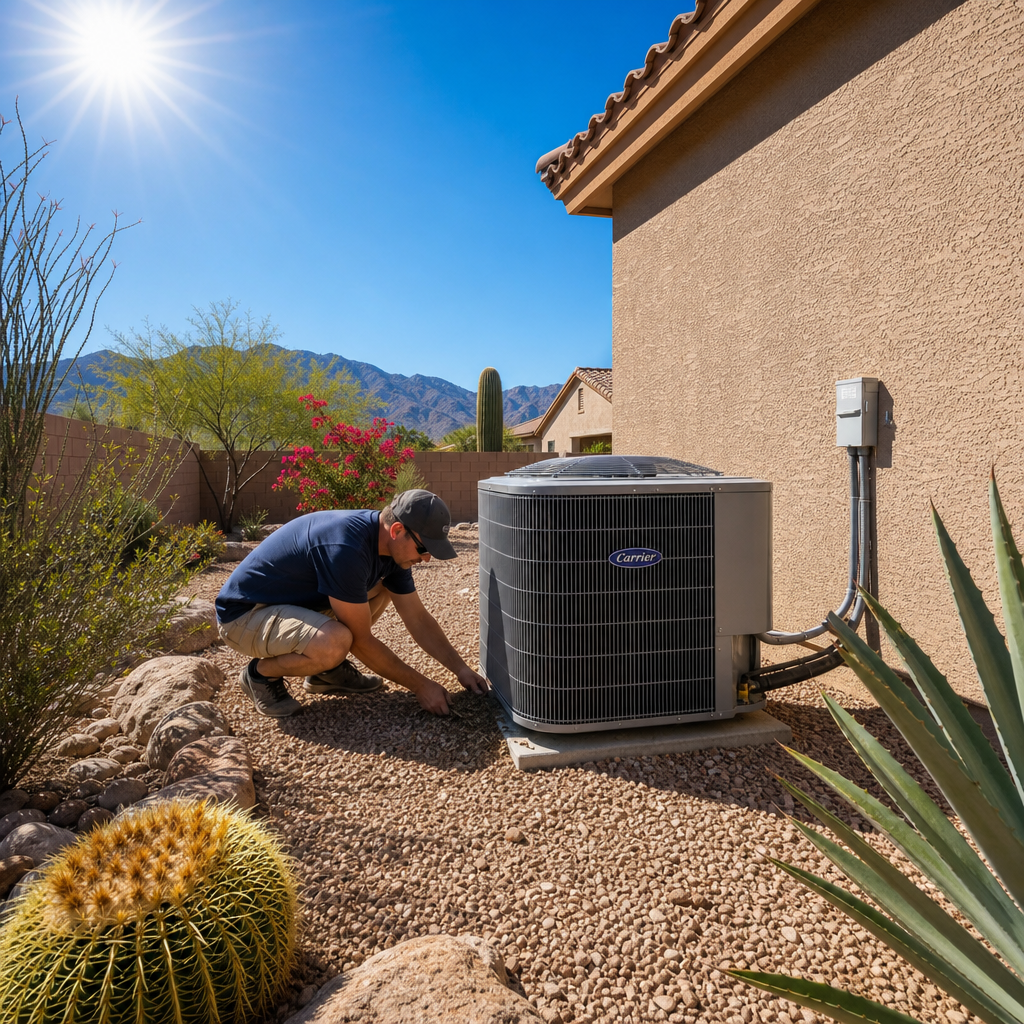 Homeowner clearing debris and vegetation around an outdoor AC condenser unit in desert landscape