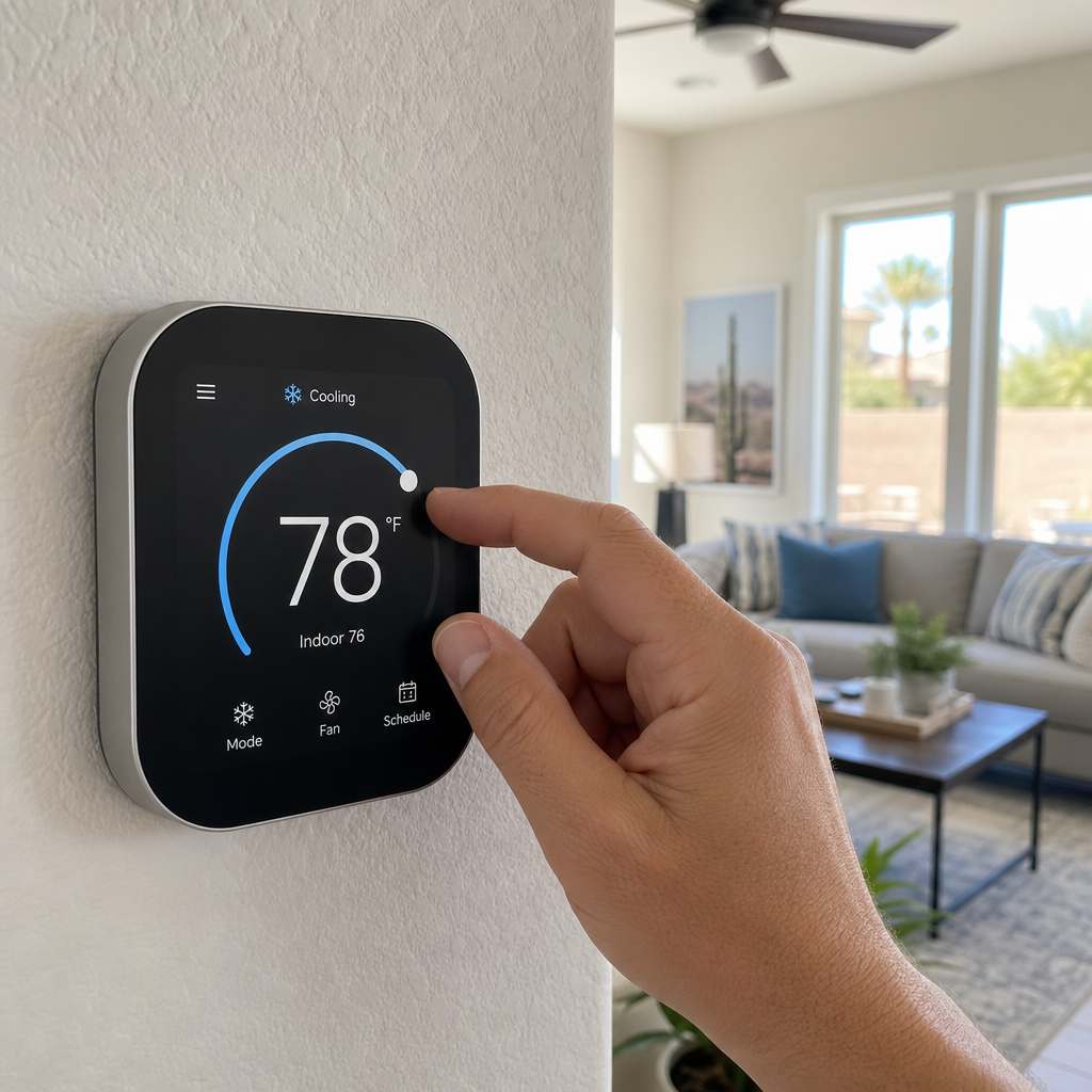 Homeowner adjusting a wall-mounted digital thermostat in a modern living room interior