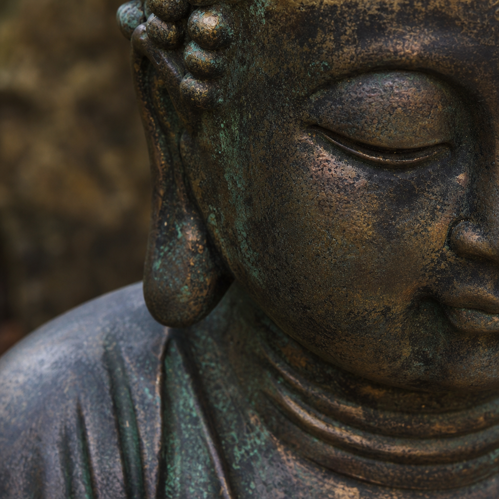Close-up of aged bronze Buddha statue showing natural patina and verdigris patternation