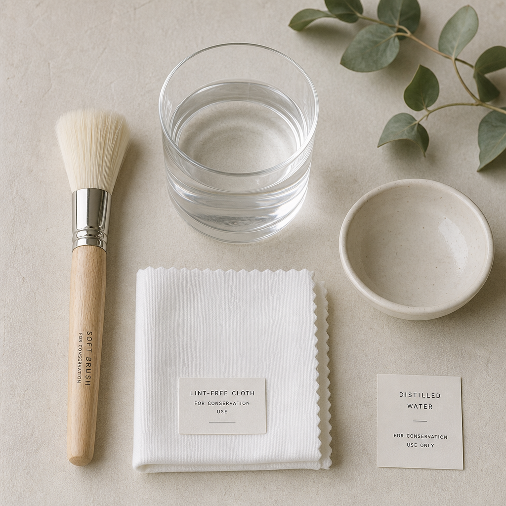 Arrangement of gentle cleaning tools and materials for sculpture conservation