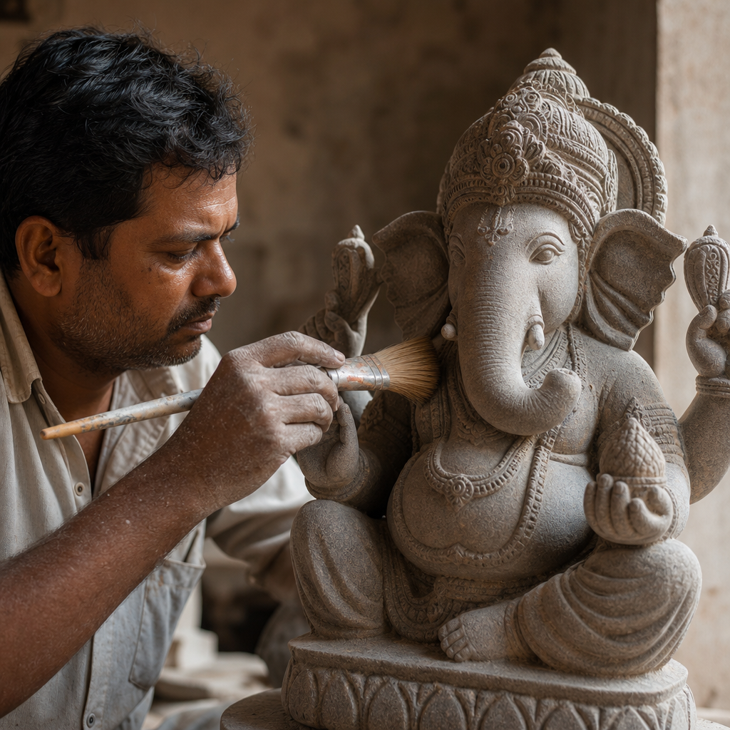 Hands using soft brush to gently clean carved stone Hindu sculpture