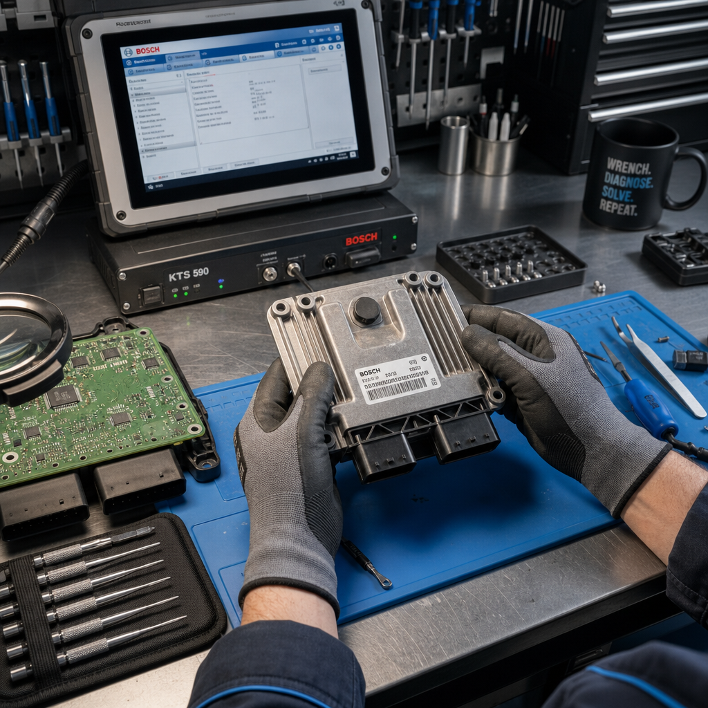 Mechanic examining an engine control unit with diagnostic tools at a workbench