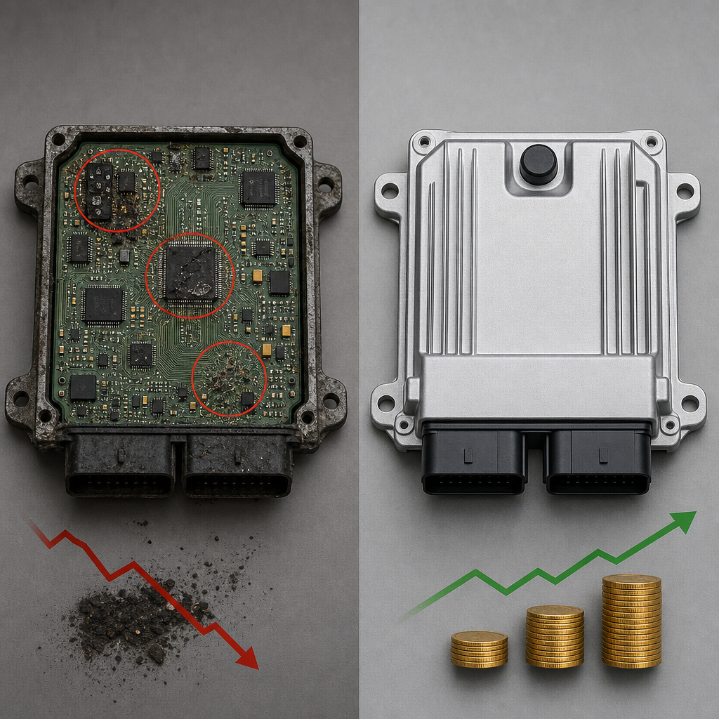 Side-by-side comparison of damaged versus new ECU modules