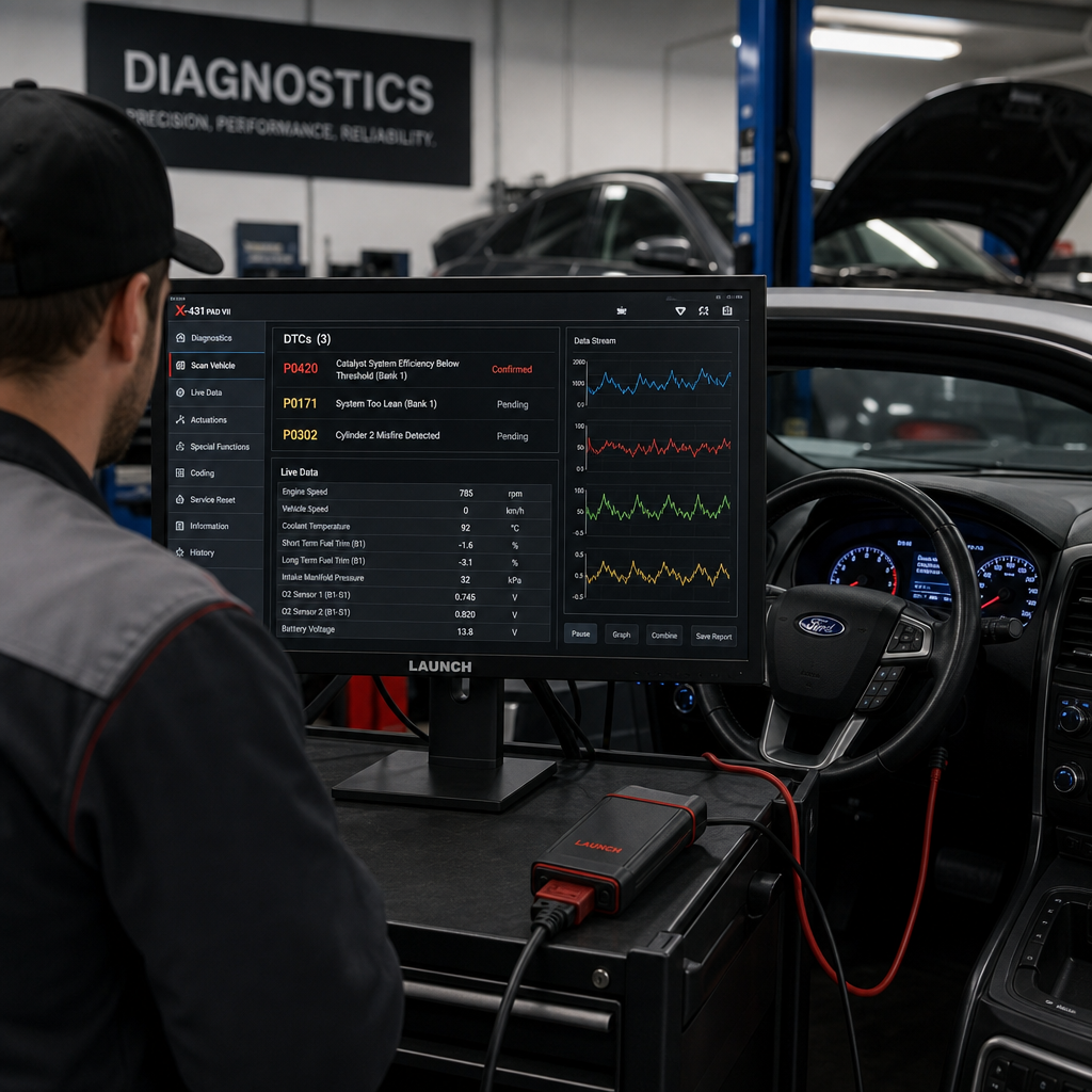 Technician reviewing vehicle diagnostic data and fault codes on computer screen