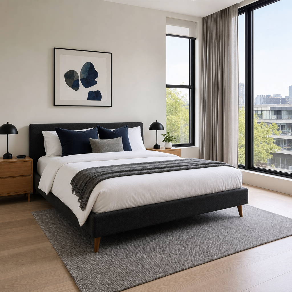 A tidy bedroom with clear surfaces and organized spaces prepared for professional residential cleaning